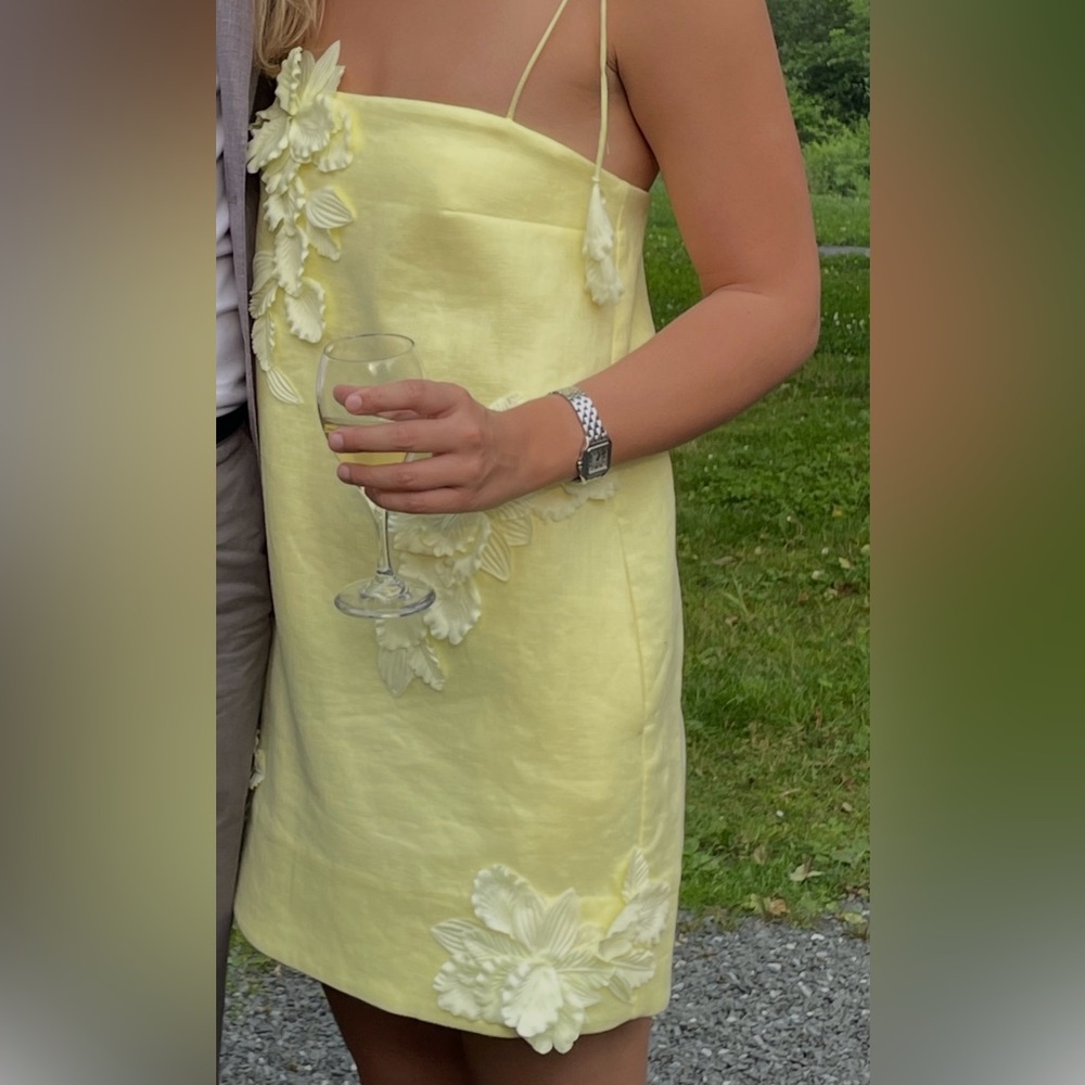 Yellow Linen Zimmerman Dress with Floral Applique